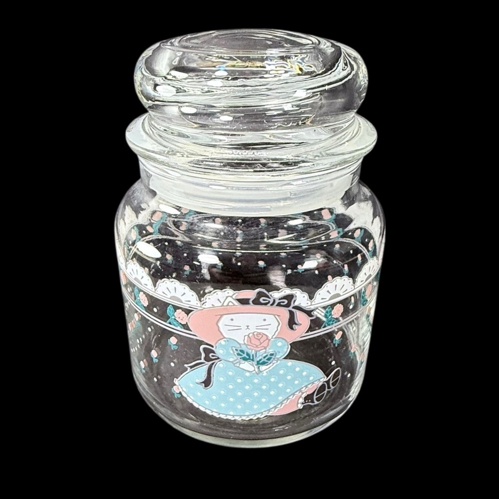 CHD Country Kitty Cat Pink Bonnet Teal Dress Glass Canister Small Vintage 1988